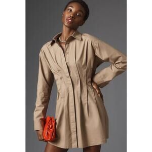[Anthropologie] Pilcro Khaki Camel Pleated Pintuck Mini Shirt Dress Size Large L